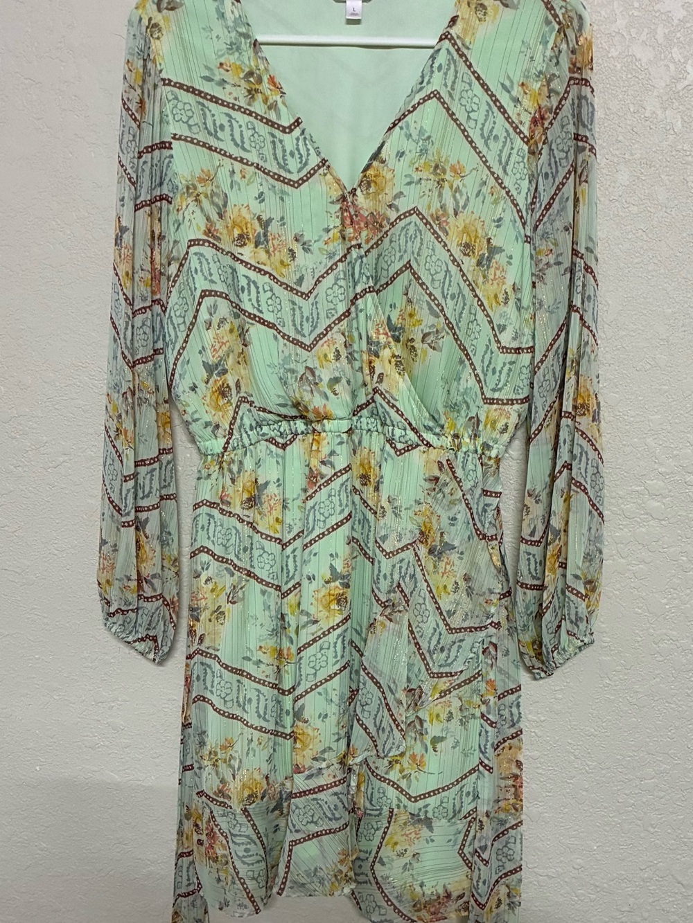 Lauren Conrad Floral Mint V-Neck Long Sleeve Dress